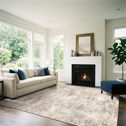 Puino 7x9 Washable Area Rug: Large Abstract Neutral Living Room Rugs Beige by Puino