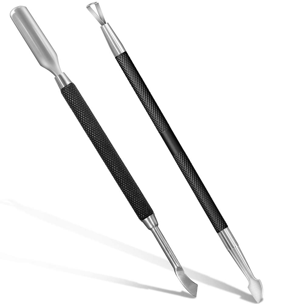 2PCS Metal Black Cuticle Pusher and Cutter Remover Salon Quality Stainless Steel Gel Nail Polish Peeler Scraper Durable Professional Manicure Pedicure Cleaner Tool For Fingernail and Toenail