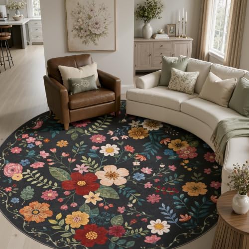 JOLLYVOGUE Floral Round Rug 8ft, Washable Rug by JOLLYVOGUE