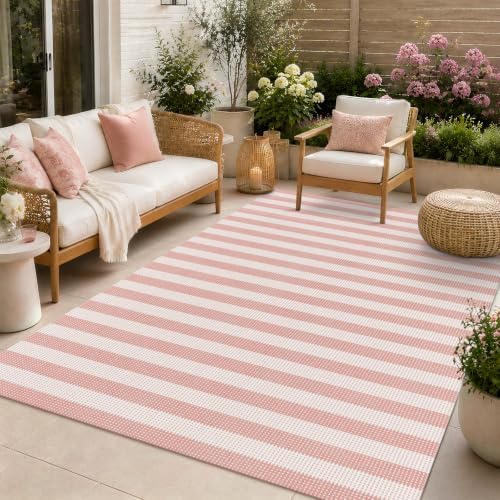 Rugalia Washable Pink Woven 5x7 Area Rug, Natural Striped Cotton Living Room by Rugalia