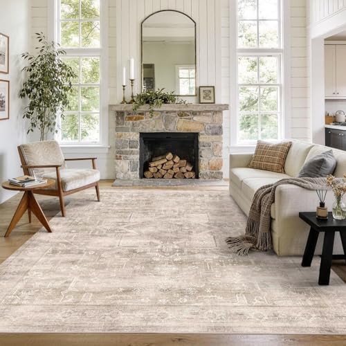 8x10 Washable Boho Area Rug, Light Beige Farmhouse by LULLOSA