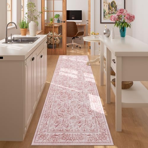 DUKINO 2x6 Runner Rug, Washable Vintage Floral Kitchen Rug, Light Pink - Image 5