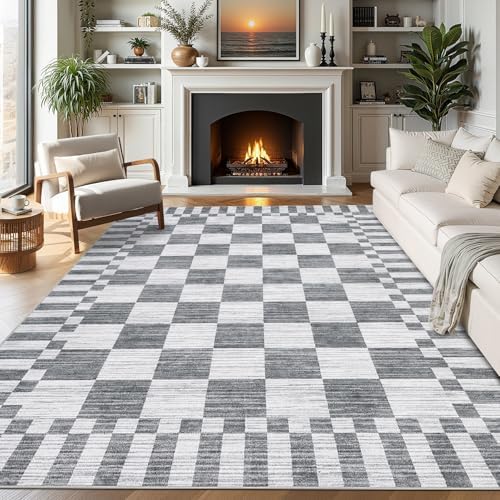 GarveeHome 8x10 Area Rugs Geometric Washable Modern Grey Checkered Rug by GarveeHome