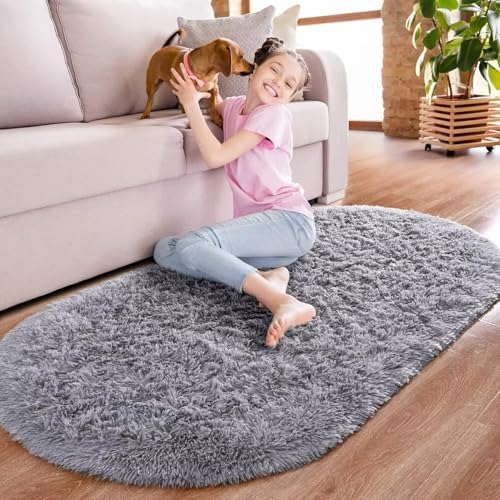 Noahas 2.8x6.3 Grey Fluffy Soft Oval Rug Non-Slip - Image 6