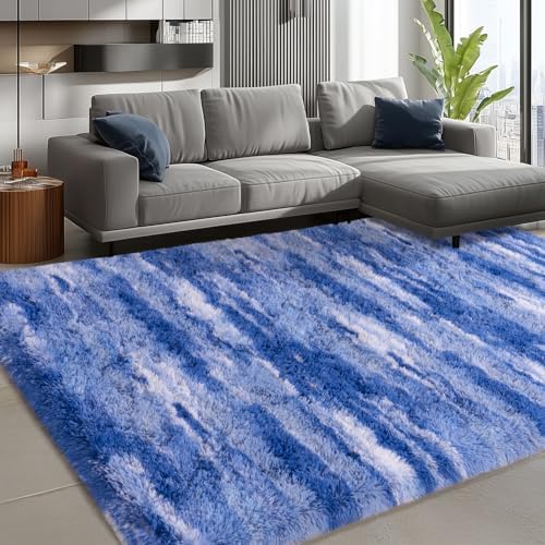 5x7 Shag Rugs for Living Room, Washable Abstract Blue - Image 4