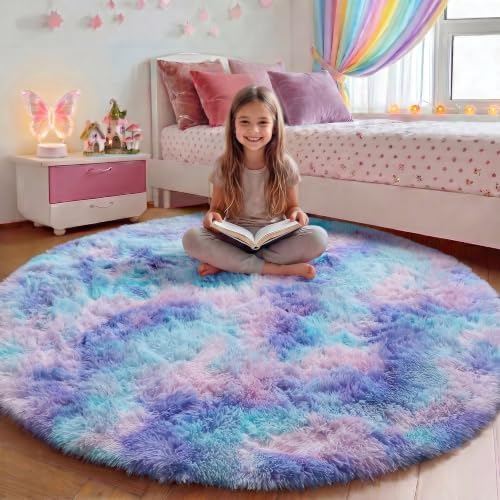 Rainbow Fluffy Round Rug Circle Area Rugs 4ft by ONASAR