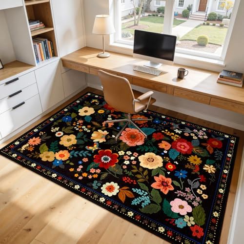 RELEANY Floral Washable 5x8 Area Rugs Black - Image 6