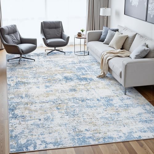 9x12 Area Rugs for Living Room: Washable Soft Blue White Abstract Carpet - Image 3