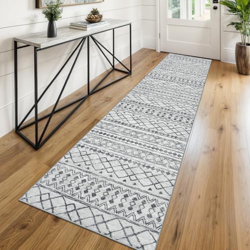 KUTA Boho Runners for Hallways 2x8 Grey Moroccan Washable Runner Rug by KUTA