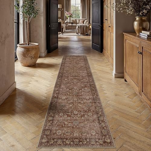 HUGEAR 2'6''x10' Brick Red Vintage Floral Washable Runner Rug by HUGEAR