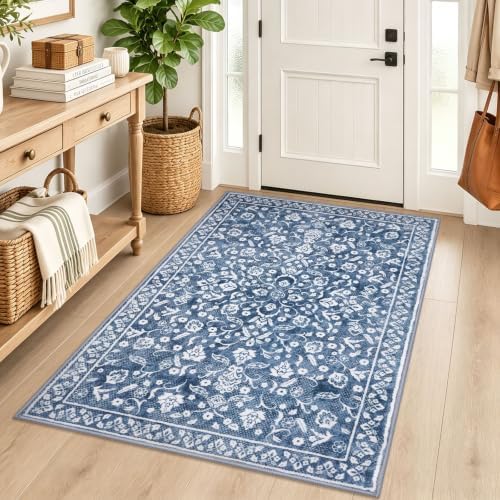 Vintage Washable Rugs for Entryway 4x5 Area Rug Non Slip Door Mat by SILOLOOM