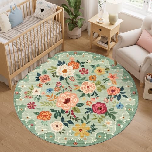 DUKINO 5ft Round Rug, Non Slip Floral Washable Small Circle Rug by DUKINO