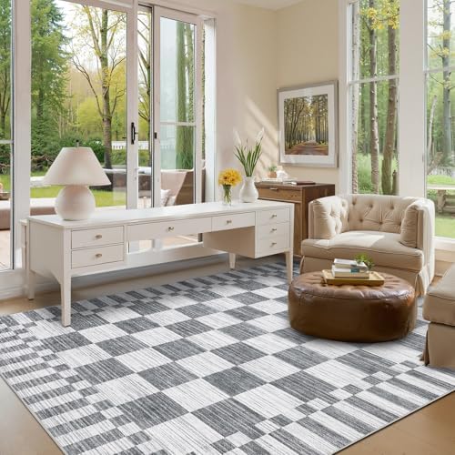 GarveeHome 8x10 Area Rugs Geometric Washable Modern Grey Checkered Rug - Image 4