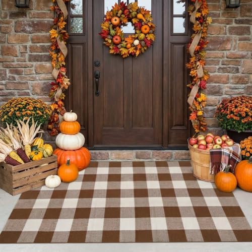 SEEKSEE Fall Decor Buffalo Plaid Outdoor Rug 3' x 5' Coffee and White Front - Image 3