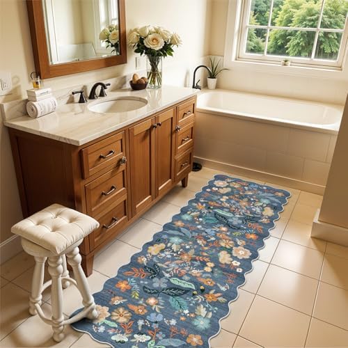 2x6 Washable Hallway Runner Rug: Blue Boho Floral Scalloped Kitchen Rug - Image 7