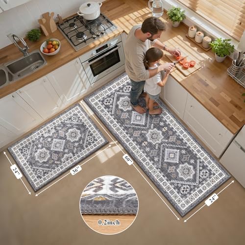 HEBE Boho Kitchen Rugs Set of 2, Non Slip Washable Kitchen Mats - Image 2