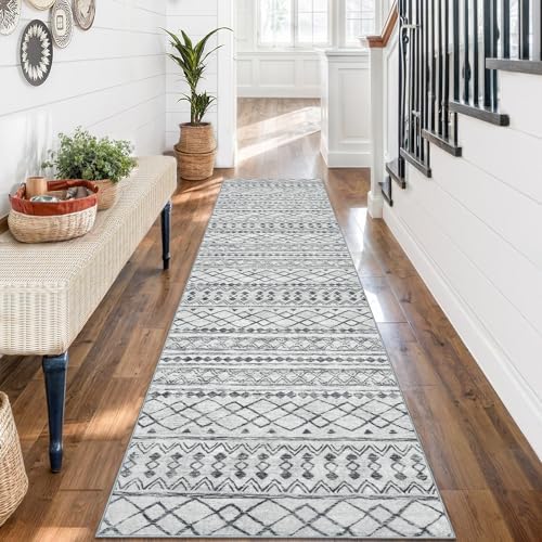 KUTA Boho Washable Runner Rug 2x7 Grey White Moroccan - Image 4
