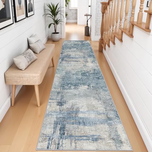 2.6x12 Extra Long Runner Rug: Blue Grey Abstract Washable Non Slip Rug - Image 4