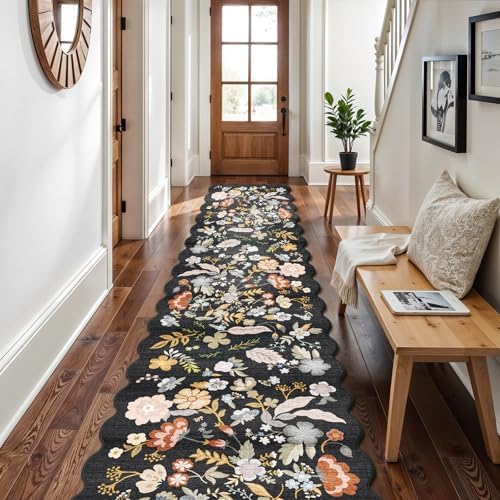 3x20 Hallway Runner Rug Washable: Boho Extra Long 20ft Scalloped Rug Black by BYYVOORugsforYourHome