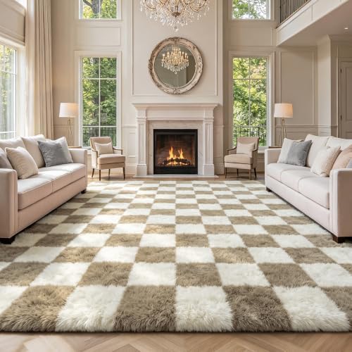 Large Shag Area Rug for Bedroom, 9x12 Ft Beige and White Area Rug Classic by Boshengya