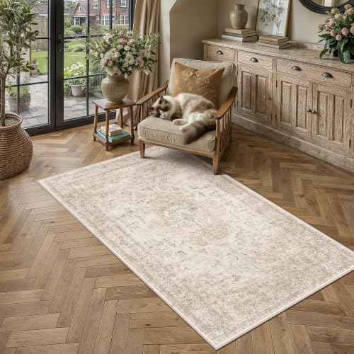 PureCozy Beige Small Area Rug 4x5 Vintage Oriental Distressed - Image 2