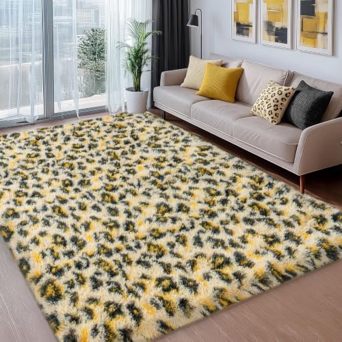 5x7 Shag Rugs for Living Room, Washable Khaki Leopard - Image 5