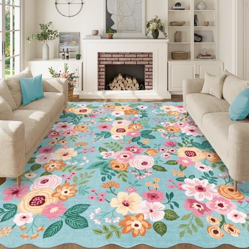 DUKINO 8x10 Area Rug for Living Room, Floral Washable Rug Non Slip by DUKINO