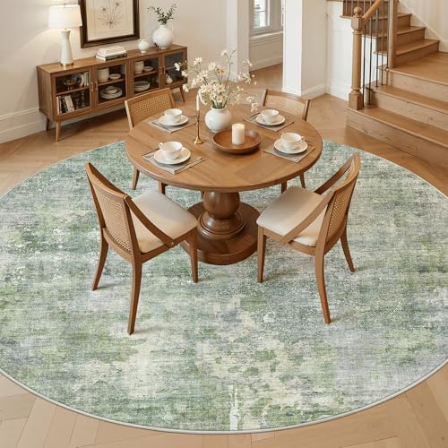 Soalmost Round Rugs 9ft Living Room Circle Area Rug 9x9 Green/Ivory Vintage - Image 4