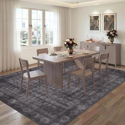 Washable Area Rug 9x12, Large Boho Living Room Rug, Dark Grey - Image 4