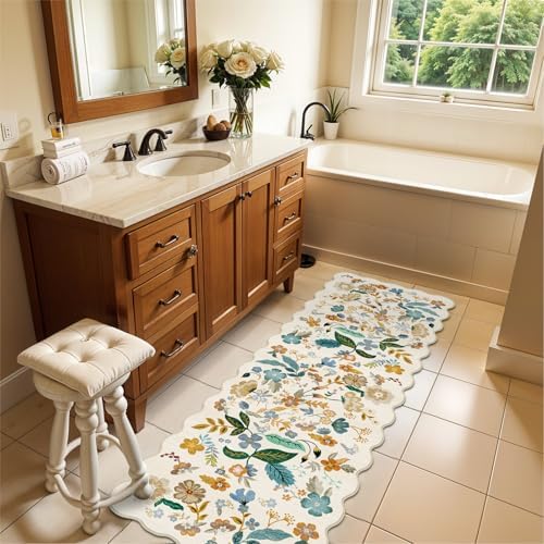 2x6 Washable Hallway Runner Rug: Floral Scalloped Kitchen Rug Beige-Cream - Image 5