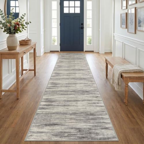 KOZYFLY Modern Hallway Runner Rug, 2.6x14 Washable Rug Runner Grey Beige by KOZYFLY