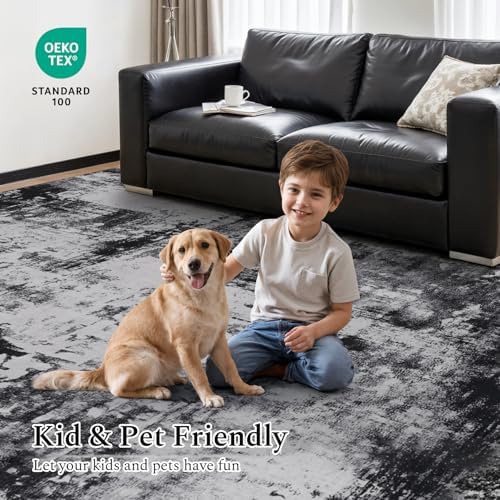 Rugflix 5x7 Area Rugs for Living Room, Washable Black Grey Dark Large Rug - Image 6