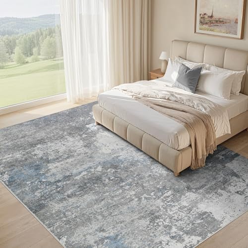 Area Rug Living Room-9X12 Abstract Washable Rug Grey Blue - Image 3