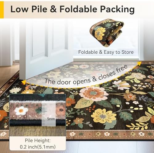 RELEANY Floral Washable 8x10 Area Rugs Black/Yellow - Image 4