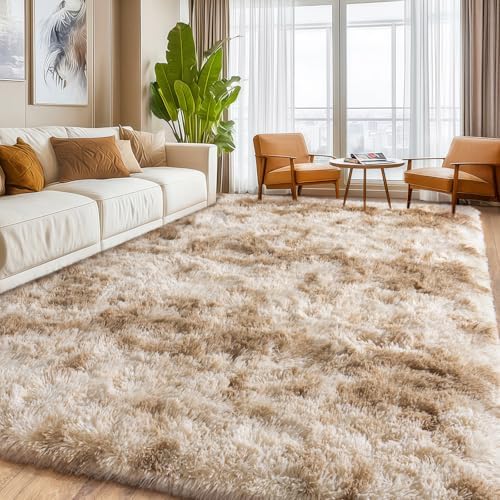 Large Living Room Area Rug 9x12Ft Shaggy Carpet Fuzzy Carpet Tie Dye Camel - Image 2