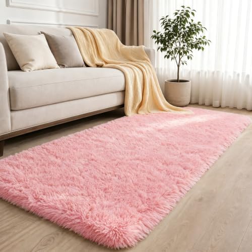 2x6 Pink Fluffy Runner Rug for Hallway and Bedroom, Washable Soft Shaggy Carpet by NEIGELUO