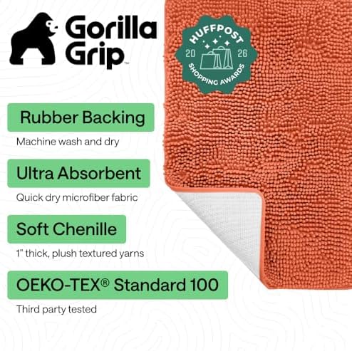 GORILLA GRIP Bath Rug Mat for Bathroom, Absorbent Chenille, 44x26 Coral - Image 2