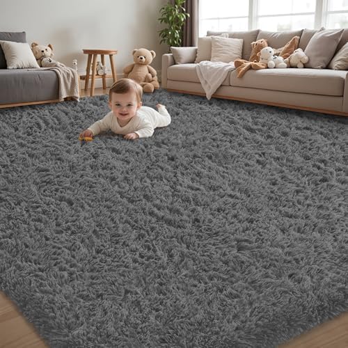 9x12 Area Rug for Living Room, Dark Gray Fluffy Shag Non-Slip Bedroom Rugs by Unknown