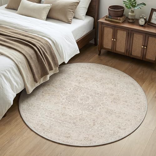 FMFUNCTEX 4ft Round Washable Beige Neutral Vintage Area Rug - Image 3