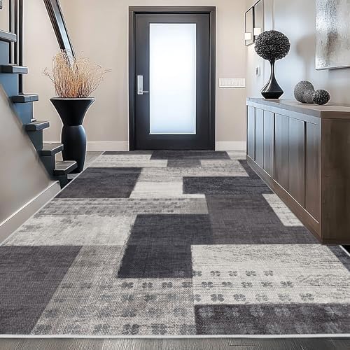 Modern Geometric Patchwork Indoor Charcoal Area Rug - Image 4