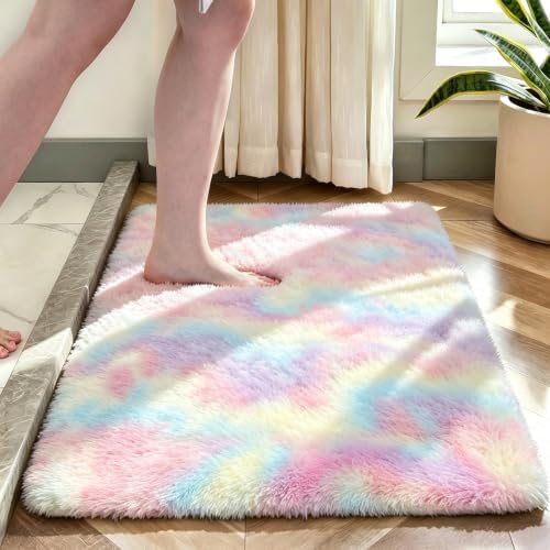 2x3 Rainbow Fluffy Area Rug for Bedroom and Bedside, Washable Soft Shag Carpet by NEIGELUO