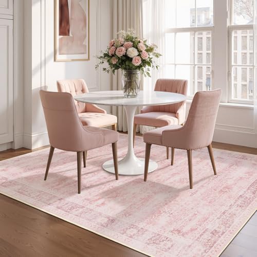 5x7 Pink Rug for Nursery, Thin Washable Rugs for Kids Room Playroom, Distressed - Image 4