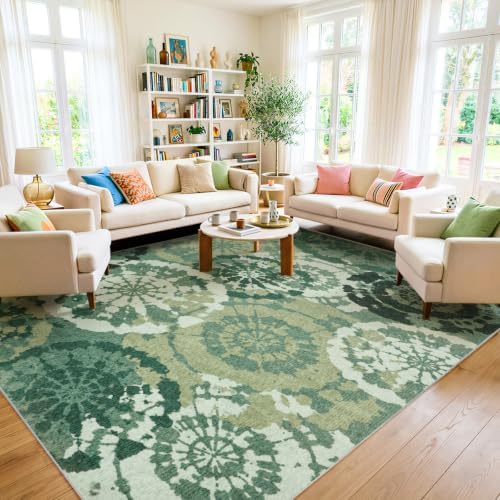 Large Boho Modern 9x12 Area Rug, Sage Green Low-Pile Abstract Rug - Image 3