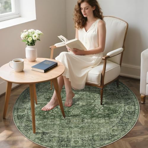 Round Rug 4ft Green Vintage Washable Circle Rug - Image 6