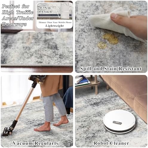 HILORUUG 3x3 Rug Square Washable: Soft Non Slip Abstract Runners Blue Grey - Image 4