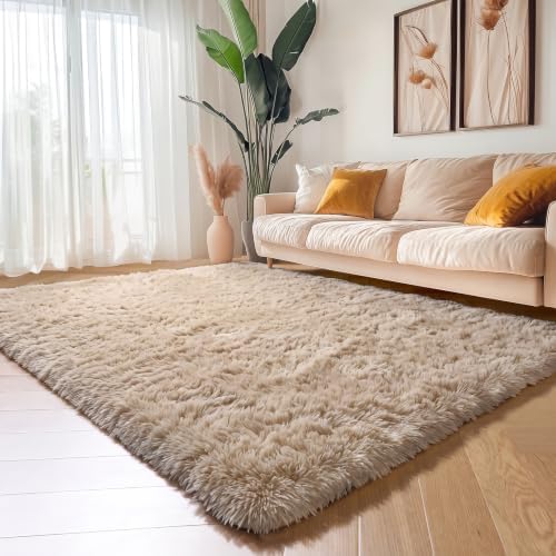 Amdrebio Beige Boho Fluffy Shag Neutral Area Rug 5x7 - Image 5