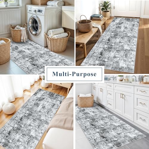 3x7 Washable Non-Slip Kitchen Runner Rug – Modern Abstract Neutral Gray Carpet - Image 4