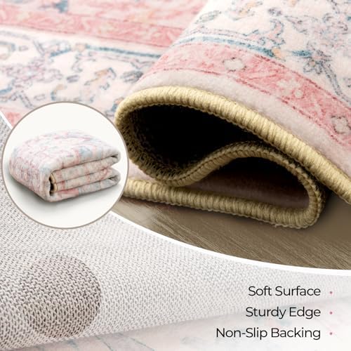 CAPALOCA Square 6ft Washable Nursery Girls Low Pile Area Rug Pink Teal - Image 4