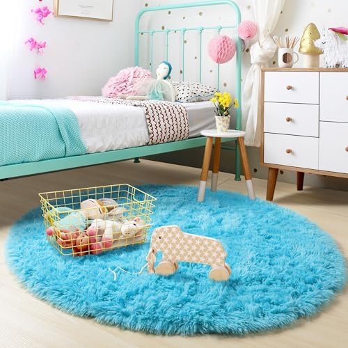 Amdrebio Blue Round Shaggy Rug 4Ft - Image 3