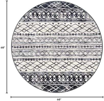 KUTA Washable Rugs Round 5Ft Black Navy Blue Boho Geometric Area Rug - Image 2